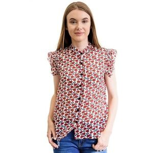 Red Poppy Print Button Up Blouse Lightweight w Cap Sleeves Size Small - Hey Viv